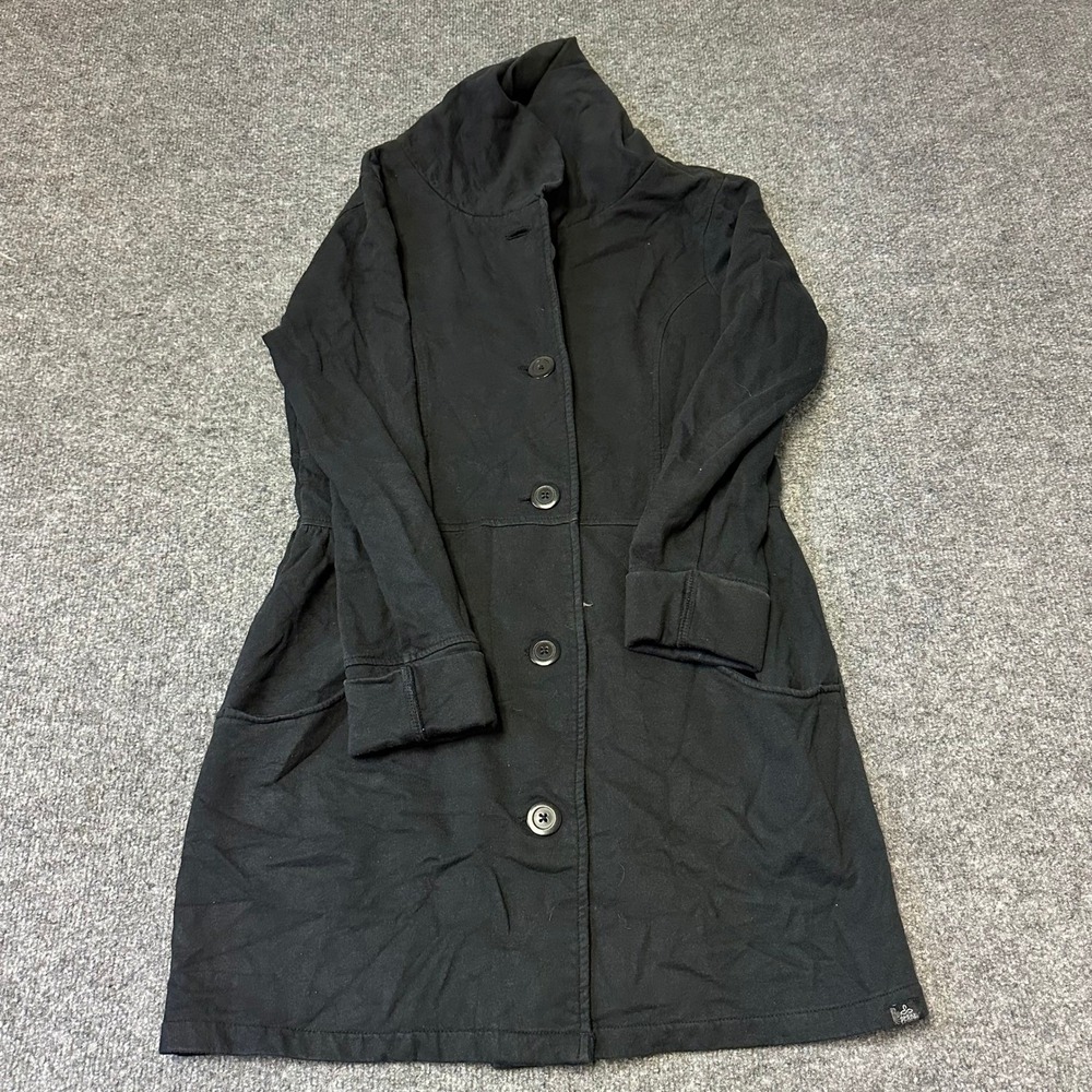 Prana Jacket Womens Size L Black Hooded Button Front Fleece Lined Long Sleeve